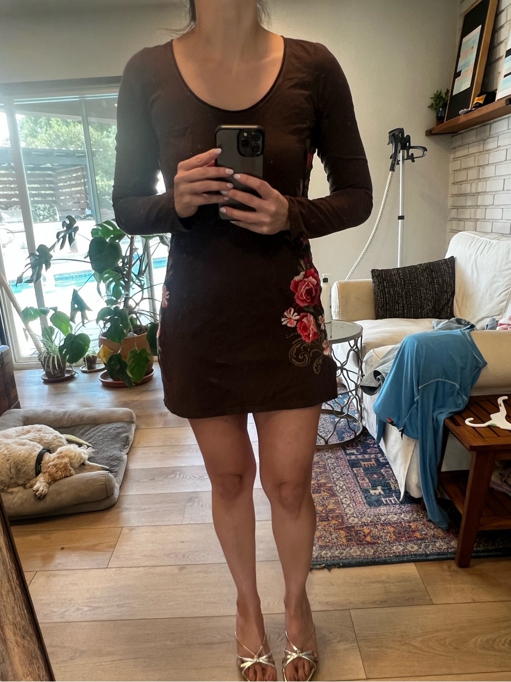 Johnny Was Brown Long-Sleeve Embroidered Mini Dress with Red Floral Accents